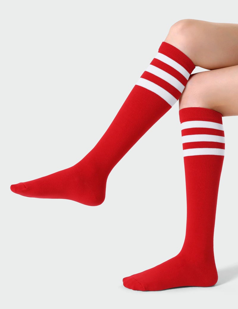 Joulli Women's Knee High Athletic Socks Stripe Tube Outdoor Sport Socks 3 Pairs, Red - Image 4